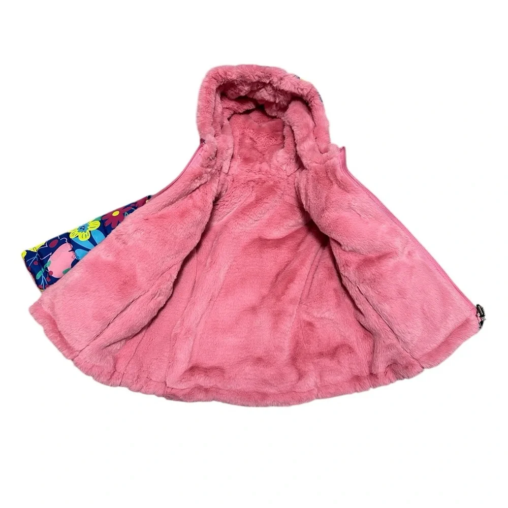 Falls Creek Girls 2T Toddler Reversible Puffer Jacket Coat Faux Fur Flowers Hood - Picture 5 of 9